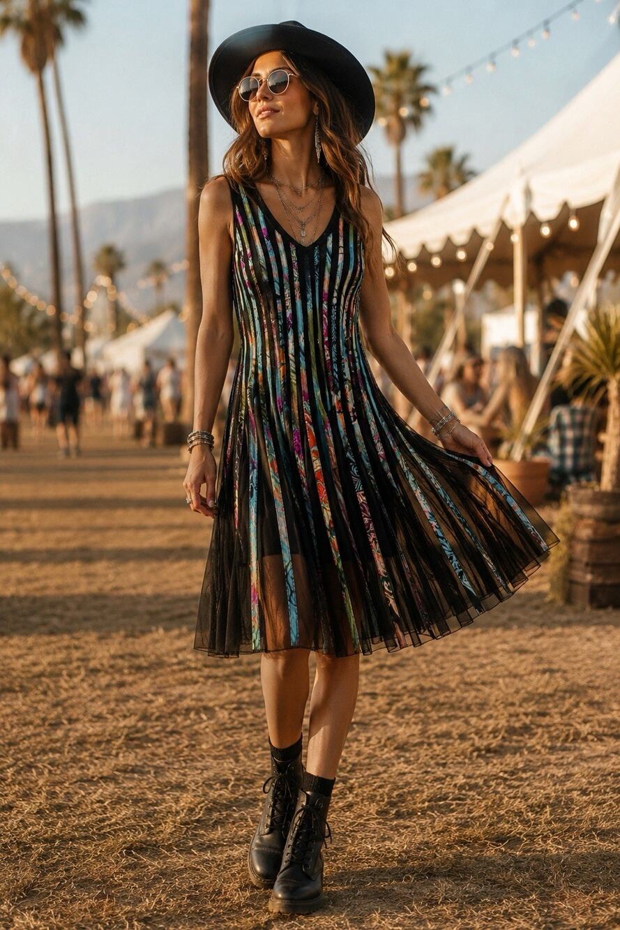 Papillon Black Floral Stripe Mesh Sleeveless Padded Fit Flare Boho Dress Size S